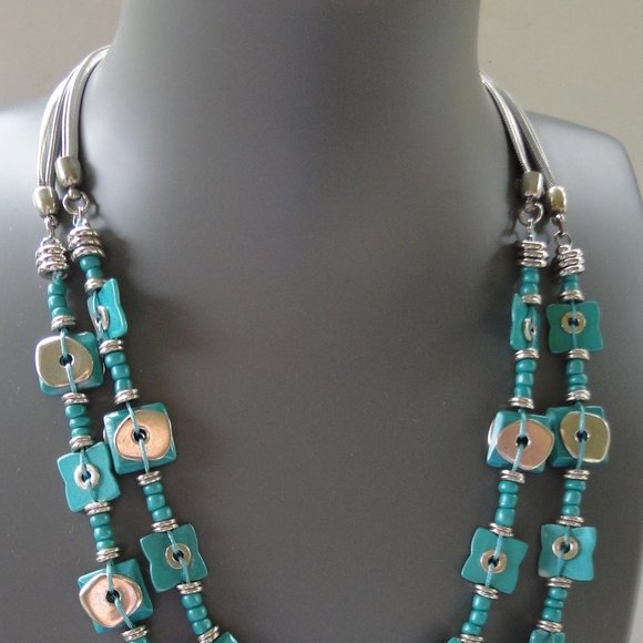 Turquoise & Silver Double Strand Necklace 20" with 4" Extender Zevar By Treska - Picture 4 of 6